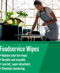 Foodservice wipes banner in cafe; green banner, woman in striped apron wipes a table with a spray bottle.