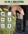 Person holding 22-In-1 Stainless Steel Multitool with Desert Steel Handle in belt sheath, featuring icons for various outdoor uses.