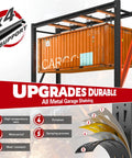 Heavy Duty Garage Shelving Rack With 5000 Lbs Capacity Industrial Steel Storage Shelves For Garage And Shop 60 Inch Wide 72 Inch High 18 Inch Deep Beefy Heavy Duty Steel Shelf System For Tools Bins Gear, holding a shipping container