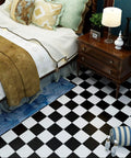 Self Adhesive Checkered Black And White Vinyl Floor Covering Roll 15.8 By 394 Inch For Waterproof Floors Kitchen Bathroom RV shown in a bedroom