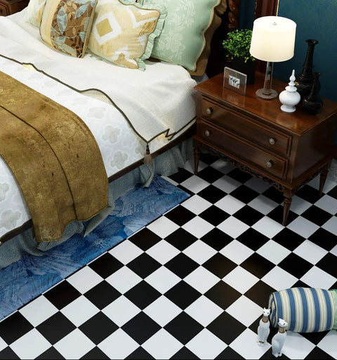 Self Adhesive Checkered Black And White Vinyl Floor Covering Roll 15.8 By 394 Inch For Waterproof Floors Kitchen Bathroom RV shown in a bedroom