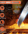 Heavy Duty 7 Inch Folding Pruning Saw With Safety Hand Guard For Quick Tree Trimming And Limb Cutting showing a sharp triple cut blade.