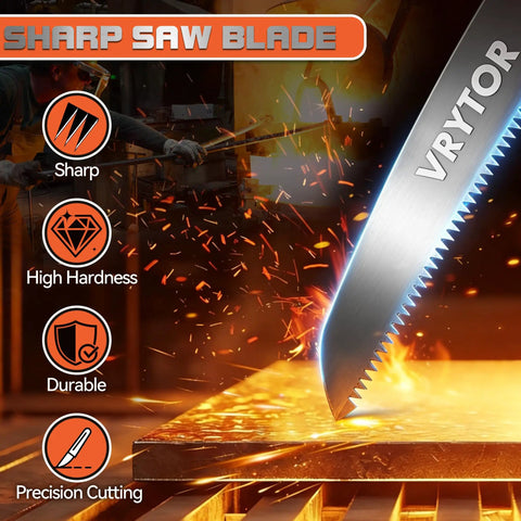 Heavy Duty 7 Inch Folding Pruning Saw With Safety Hand Guard For Quick Tree Trimming And Limb Cutting showing a sharp triple cut blade.