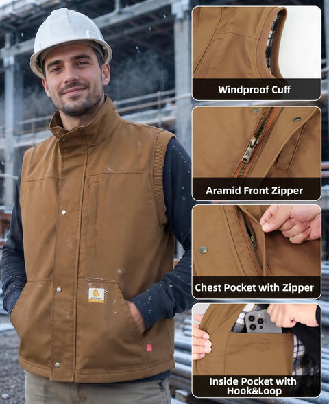 Mens Heavy Duty Flame Retardant Work Vest Insulated For Winter Cold Weather with windproof cuff and aramid zipper.