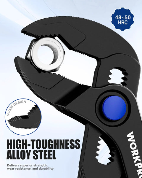 Close-up of Tiny But Mighty 4 Inch Water Pump Pliers With 15 Position Push Lock V Jaw Groove Joint Pliers gripping a bolt.