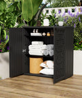 Outdoor storage cabinet with heavy duty metal shelf set, displaying towels and items, 33.3W x 9D x 0.6in thick, black two shelves.