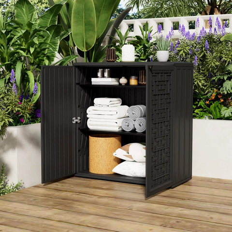 Outdoor storage cabinet with heavy duty metal shelf set, displaying towels and items, 33.3W x 9D x 0.6in thick, black two shelves.