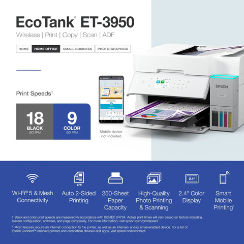Wireless All-In-One Color Supertank Printer With Refillable Ink Tanks Up To 3 Years Of Ink For Home Office Use shown with printed pages