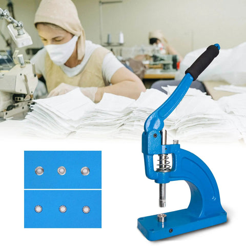 Table Mounted Eyelet And Grommet Machine Kit With Die Set And Hand Press Tool in sewing workshop with worker