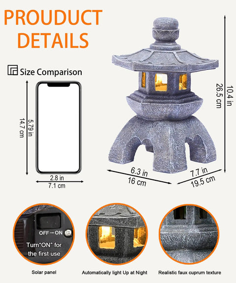 Solar Pagoda Lantern Garden Statue For Indoor Outdoor Use Zen Vibes Asian Decor with stone finish and size comparison
