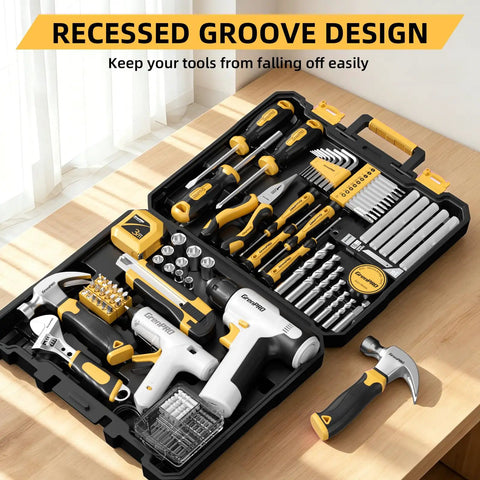 188 Piece Home Tool Kit With Cordless Drill Power Set shown open, includes hammer, pliers, screwdrivers, and drill bits.