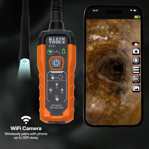 Wireless WiFi Borescope With LED Light For iPhone And Android 5.5mm Waterproof Inspection Camera IP67 Flexible Cable Streams Clear Video And Photos To Your Phone Up To 30 Feet For Tight Spaces, shown with phone display