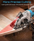 Front view of Seesii mini circular saw with laser guide, corded 4-1/2in blade cutting wood