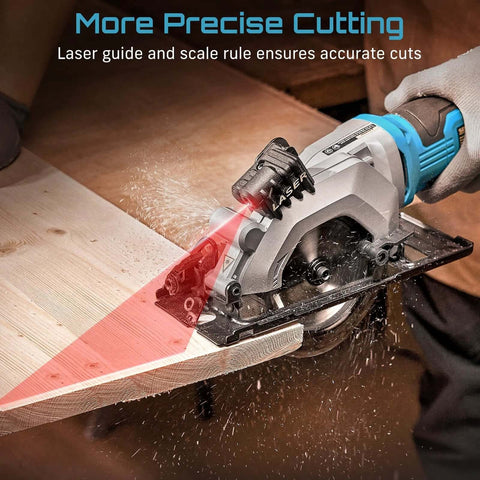 Front view of Seesii mini circular saw with laser guide, corded 4-1/2in blade cutting wood