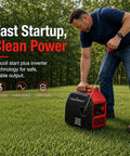 Man starting 2500W Portable Inverter Generator Gas Powered Quiet And Parallel Ready With 30A Outlet CO Guard RV Ready