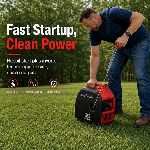 Man starting 2500W Portable Inverter Generator Gas Powered Quiet And Parallel Ready With 30A Outlet CO Guard RV Ready