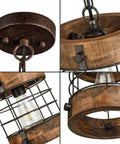 Close-up of Retro Industrial Round Cage Pendant Light with metal and wood frame, brown finish, 7.9 in diameter, 8.7 in height.