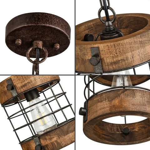Close-up of Retro Industrial Round Cage Pendant Light with metal and wood frame, brown finish, 7.9 in diameter, 8.7 in height.