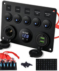 5 Gang 12V Marine Rocker Switch Panel With Waterproof Build, USB Touch Switch And Dual QC3 USB Ports For Boats, Power Saver Toggle, Blue LED Indicator, black