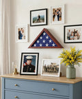 Small Folded Flag Display Case For 3x5 Ceremonial Flags Not For Burial Flag, Mahogany Woodgrain Finish on wall with photos