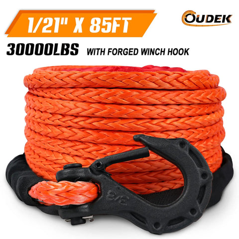 Heavy Duty One Half Inch By Eighty Five Foot Synthetic Winch Rope Kit With 31500 LBS Capacity, UHMWPE Braided Line, Protective Sleeve, Forged Hook And Safety Pull Strap For 4x4 Trucks, SUVs, ATVs, UTVs And Off Road Adventures