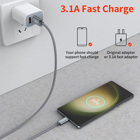 Two Pack Nylon Braided USB C Charger Cables 3Ft for Fast Charging connected to a smartphone showing charging status