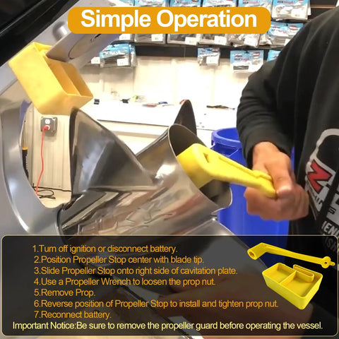 Person using Floating Prop Wrench And Prop Stop Kit For All Outboard And Stern Drive Boats, 1-1/16 Inch Polymer Tool on propeller.