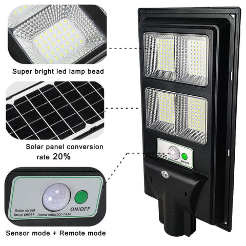 Image of 10000LM Solar Outdoor Lights Dusk To Dawn Security Flood Light 6000K with Remote Control showing LED beads and solar panel.