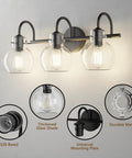 Black Vanity Light 3 Light Modern Bathroom Fixtures Over Mirror With Globe Glass Shade Matte Black Finish E26 Base 17 Inch UL Listed
