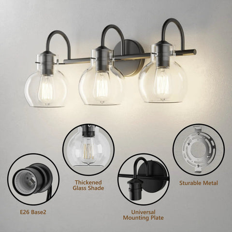 Black Vanity Light 3 Light Modern Bathroom Fixtures Over Mirror With Globe Glass Shade Matte Black Finish E26 Base 17 Inch UL Listed