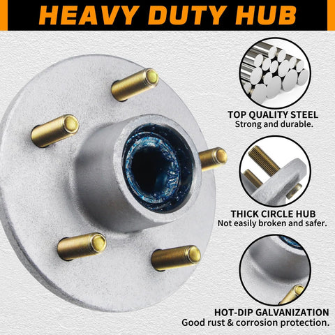 Two galvanized trailer hub kits, 5 on 4.5 inch bolt pattern, 3500 lb axle, prelubricated bearings, idler hub.
