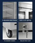 Close-up of 8 adjustable metal shelves and built-in LED lighting in Commercial Reach In Freezer 42 Cubic Foot Upright.