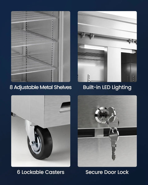 Close-up of 8 adjustable metal shelves and built-in LED lighting in Commercial Reach In Freezer 42 Cubic Foot Upright.