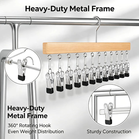 Slick Vertical Closet Organizer With Ten Heavy Duty Pant Clips For No Fuss Dorm And Apartment Storage Game Changing Hanging Setup For Jackets Pants And Delicates Tight Grip Design Wins, showing a heavy-duty metal frame and secure clips.