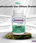Dr Hans Nieper Lithium Orotate 5mg 200 Count bottle with health benefits highlighted, lab tested, non-GMO, gluten-free, vegan friendly
