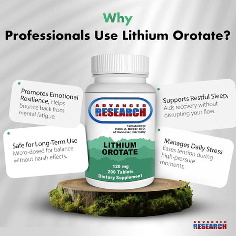 Dr Hans Nieper Lithium Orotate 5mg 200 Count bottle with health benefits highlighted, lab tested, non-GMO, gluten-free, vegan friendly