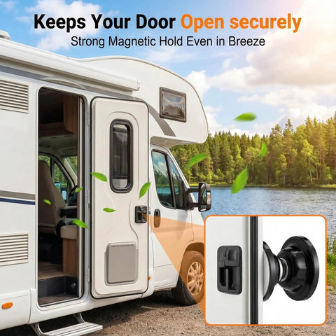 Strong Magnetic RV Door Holder For Camper And Trailer Keeps Doors Open In Breeze with close-up of suction head on door