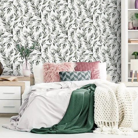 Bedroom with Olive Leaf Peel And Stick Wallpaper 17.7 Inch By 196.8 Inch Sage Green Self Adhesive Vinyl For Walls Removable Farmhouse Decor