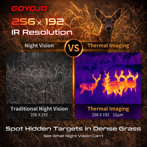 Comparison of night vision and thermal imaging for spotting hidden targets with a Thermal Monocular With 256x192 Sensor, 12 Micron IR.