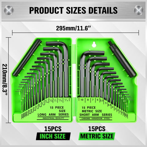 32 Piece Hex Key Set With SAE And Metric Allen Wrenches in green case with product size details, chrome vanadium steel
