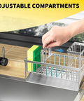Person adjusting compartments of Kitchen Sink Caddy With Automatic Drainage, 304 Stainless Steel Rustproof Sponge Holder