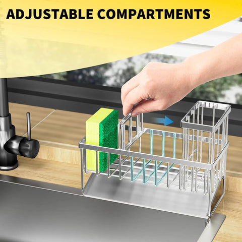 Person adjusting compartments of Kitchen Sink Caddy With Automatic Drainage, 304 Stainless Steel Rustproof Sponge Holder