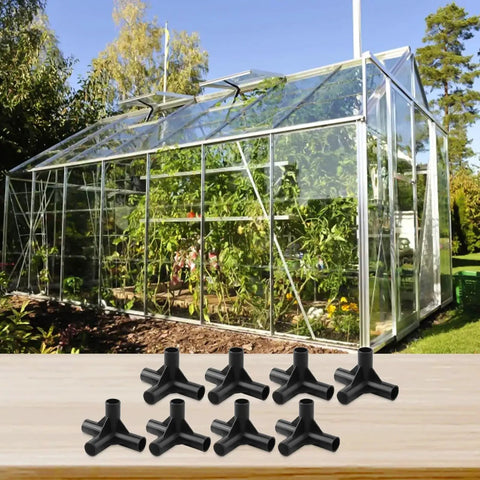 Four Way Black PE Pipe Fittings For Greenhouse Frames And Plant Supports, Dope DIY Garden Structure Connectors In 8mm, 12mm, 16mm And 19mm Sizes, Outdoor Tent Joint Kit