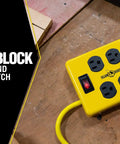 Heavy Duty Metal Power Block With Four Grounded Outlets, Lighted Switch, Four Foot Yellow Cord, 14 Gauge, Built In 15 Amp Circuit Breaker For Rugged Workshop Use on wooden surface