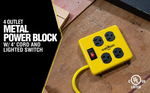 Heavy Duty Metal Power Block With Four Grounded Outlets, Lighted Switch, Four Foot Yellow Cord, 14 Gauge, Built In 15 Amp Circuit Breaker For Rugged Workshop Use on wooden surface