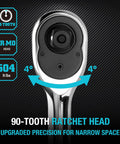 Smooth As Butter Extra Long Handle 1/2 Inch Drive 90 Tooth Ratchet Wrench head showing 90-tooth mechanism for narrow spaces.