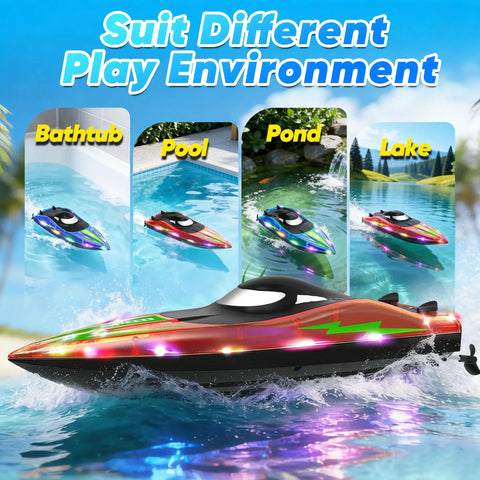 Dual Prop RC Boat With LED Lights 14 Inch Remote Control Water Racer 2 4Ghz Fast Boat shown in different water environments: bathtub, pool, pond, lake.