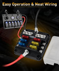 Pro Level 6 Way Fuse Block With Rugged Waterproof Build And Snappy Led Alerts Comes Stacked With Blades To Keep Your Rig Boats Or RV Circuits Humming Smooth, showcasing fuses and wiring.