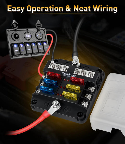 Pro Level 6 Way Fuse Block With Rugged Waterproof Build And Snappy Led Alerts Comes Stacked With Blades To Keep Your Rig Boats Or RV Circuits Humming Smooth, showcasing fuses and wiring.
