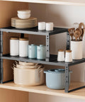 Metal Stackable Expandable Storage Shelf For Kitchen Cabinet Bathroom Office Garage Space Saving Multi Functional Home Organizer Freely Adjustable Durable Metal Rack Black Large 1 Pack with kitchenware